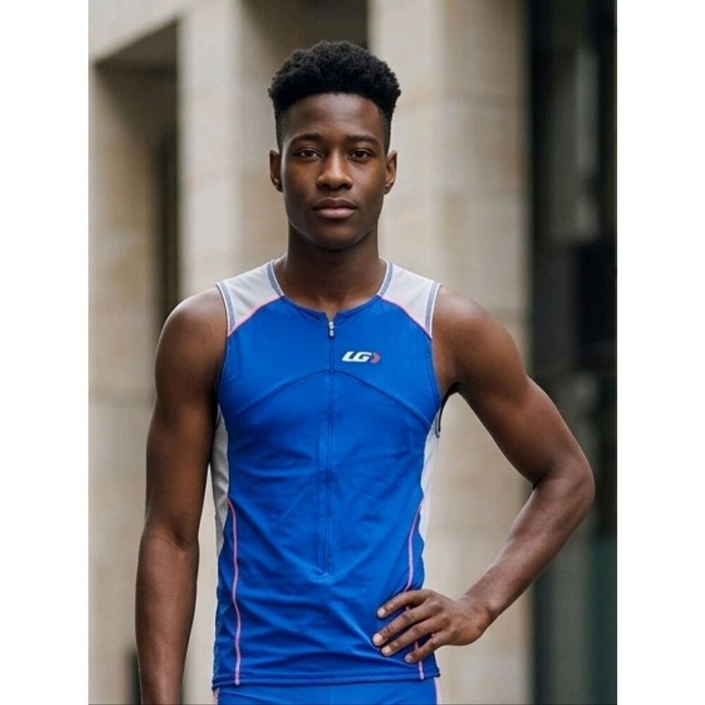 Louis Garneau Comp Tri Jersey Small Blue Sleeveless Cycling Bike Race Top Pocket